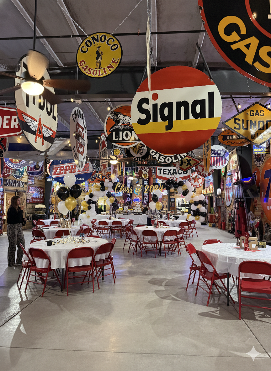 An elegantly decorated space for a graduation party with stylish décor and tables.