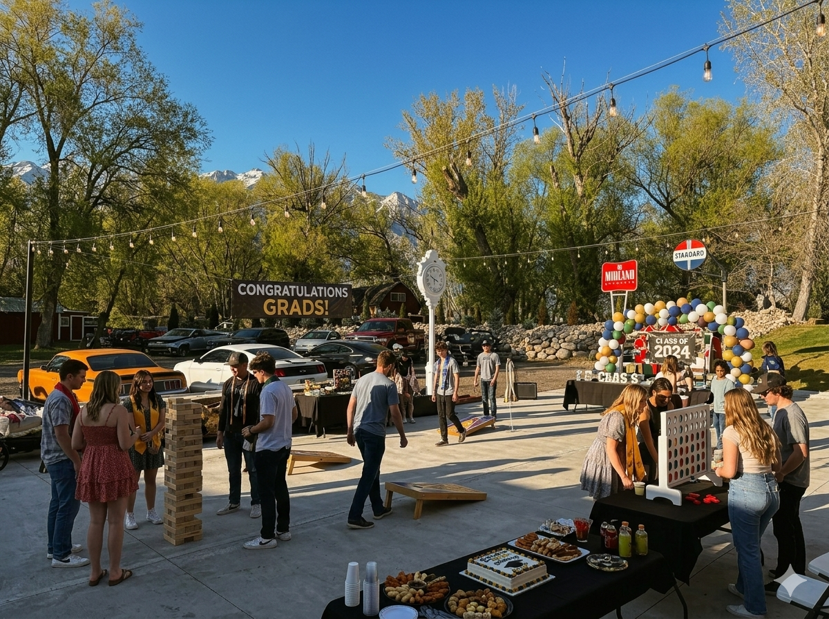 Outdoor graduation party space along the Provo River at Sparks Museum venue in Utah Valley