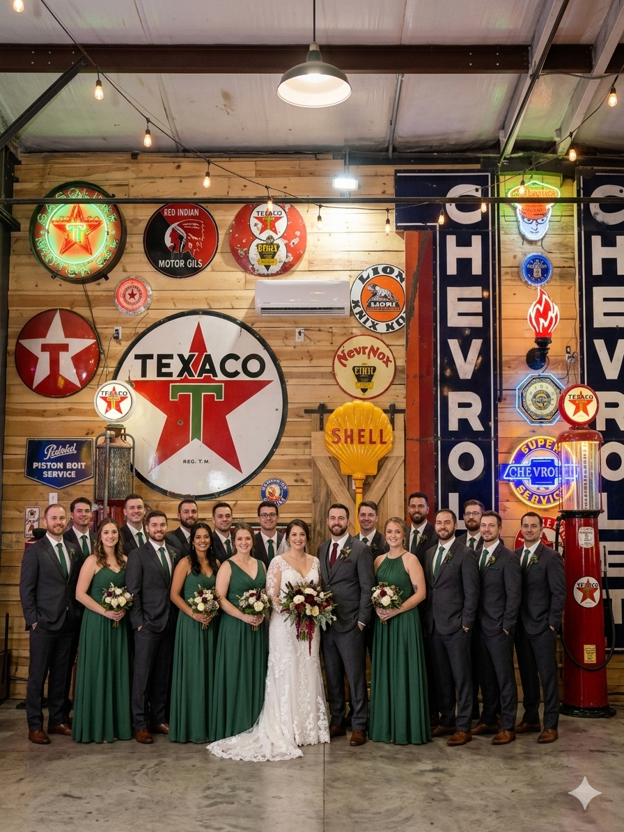 wedding party lined up in front of the collection wall