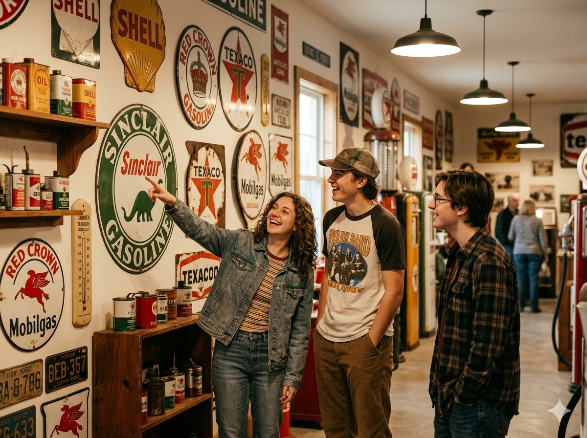 Youth  guests exploring the petroliana collection at a Provo graduation party venue