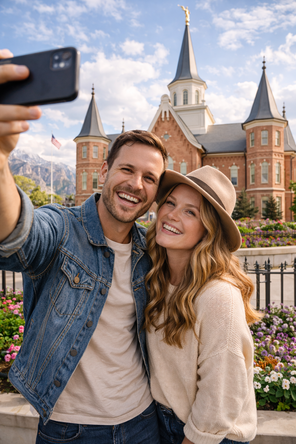 A couple taking a selfie in front of the temple.