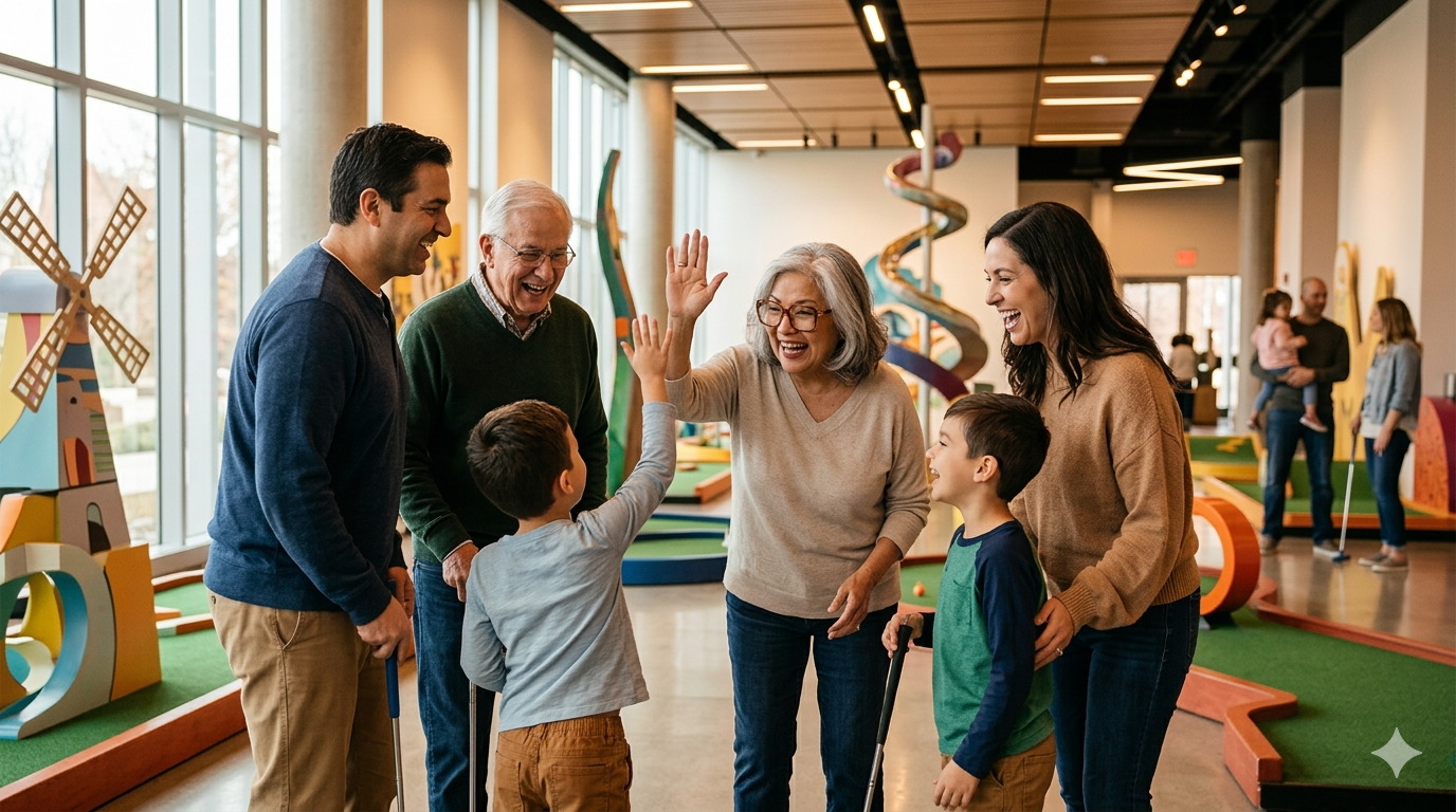 A happy family enjoying a round of indoor mini-golf at Sparks Museum and Event Center in Provo.