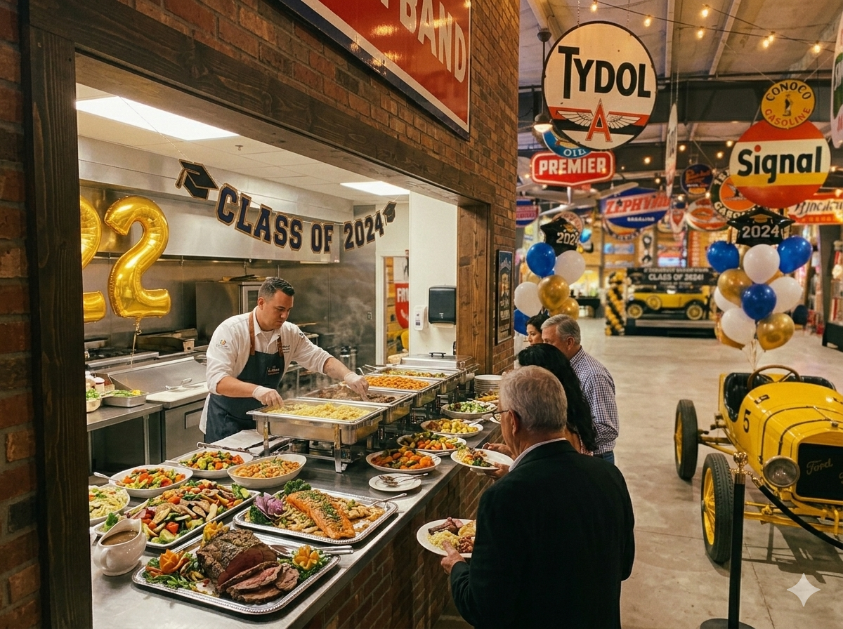 On-site kitchen with pass-through window for graduation party catering at Sparks Museum and Event Center