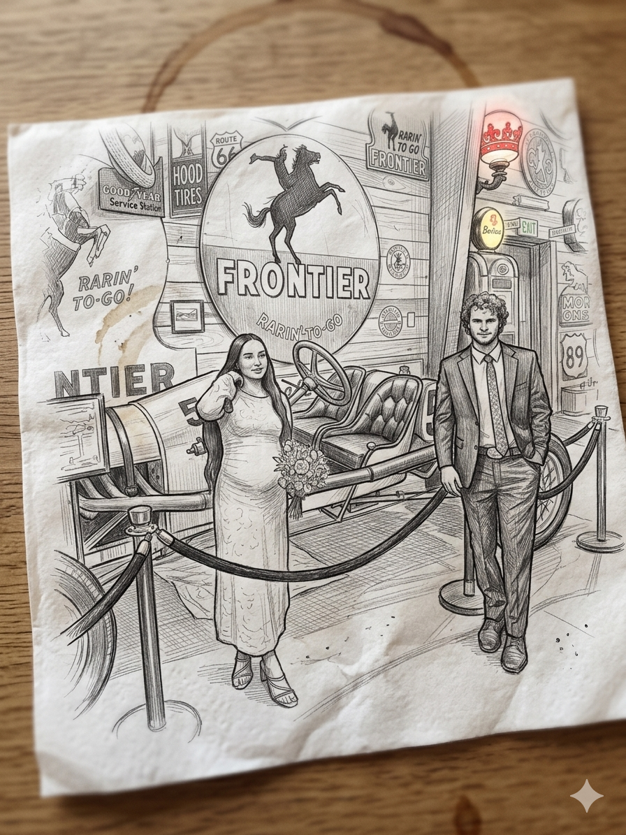 - Bride and groom standing next to one of the antique automobiles inside the main hall, with glowing pump globes visible in the background