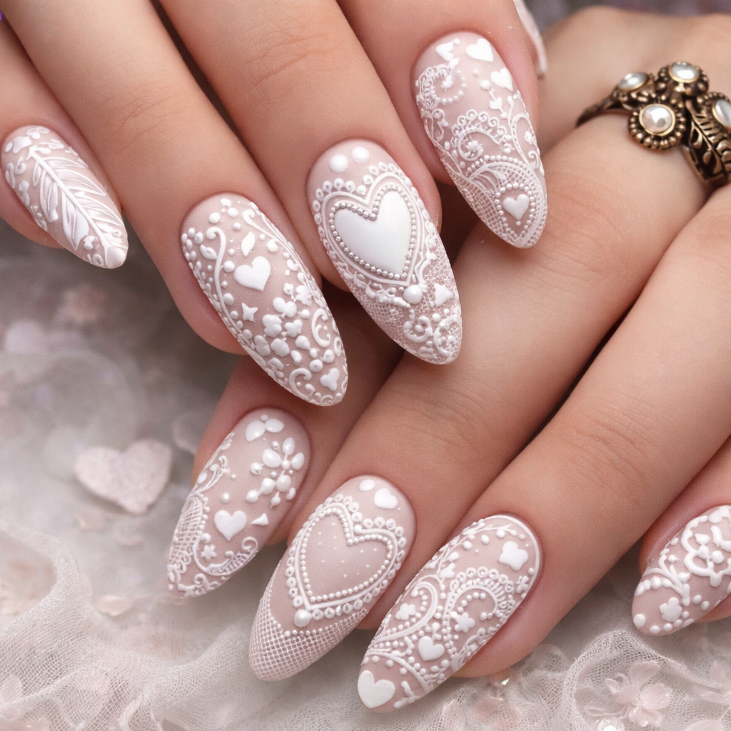 Create beautiful white lace nails with a Valentine's heart. Subtle.