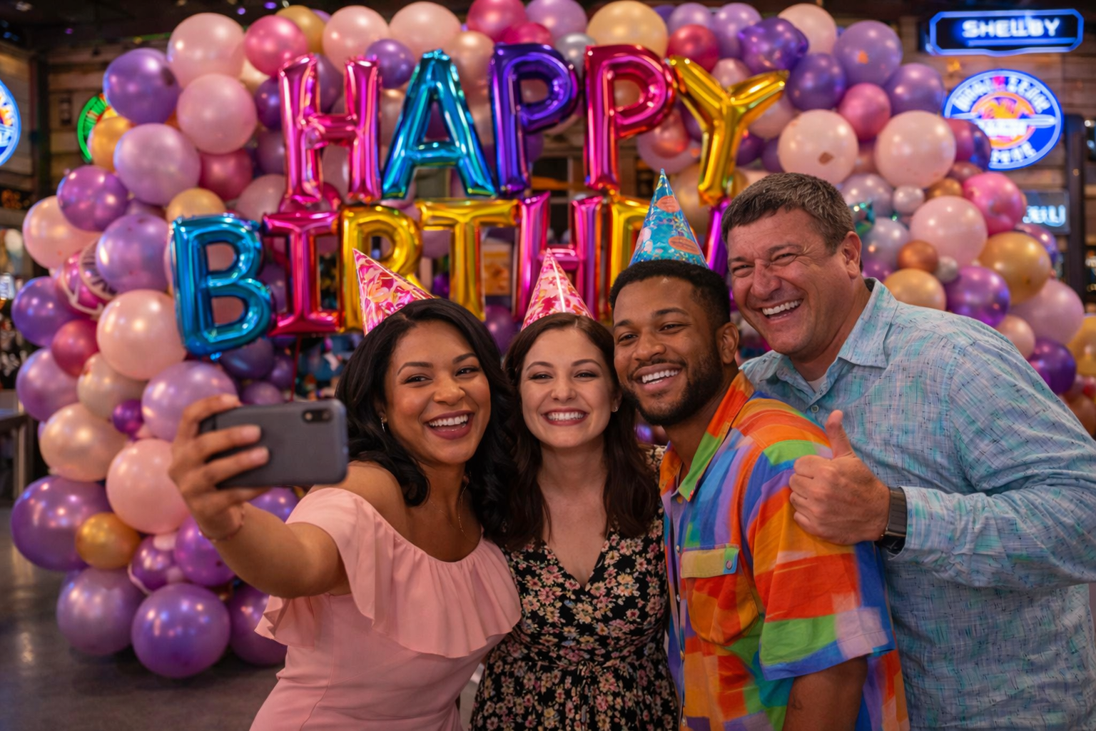 Happy guests taking photos in front of a beautiful backdrop during the event.