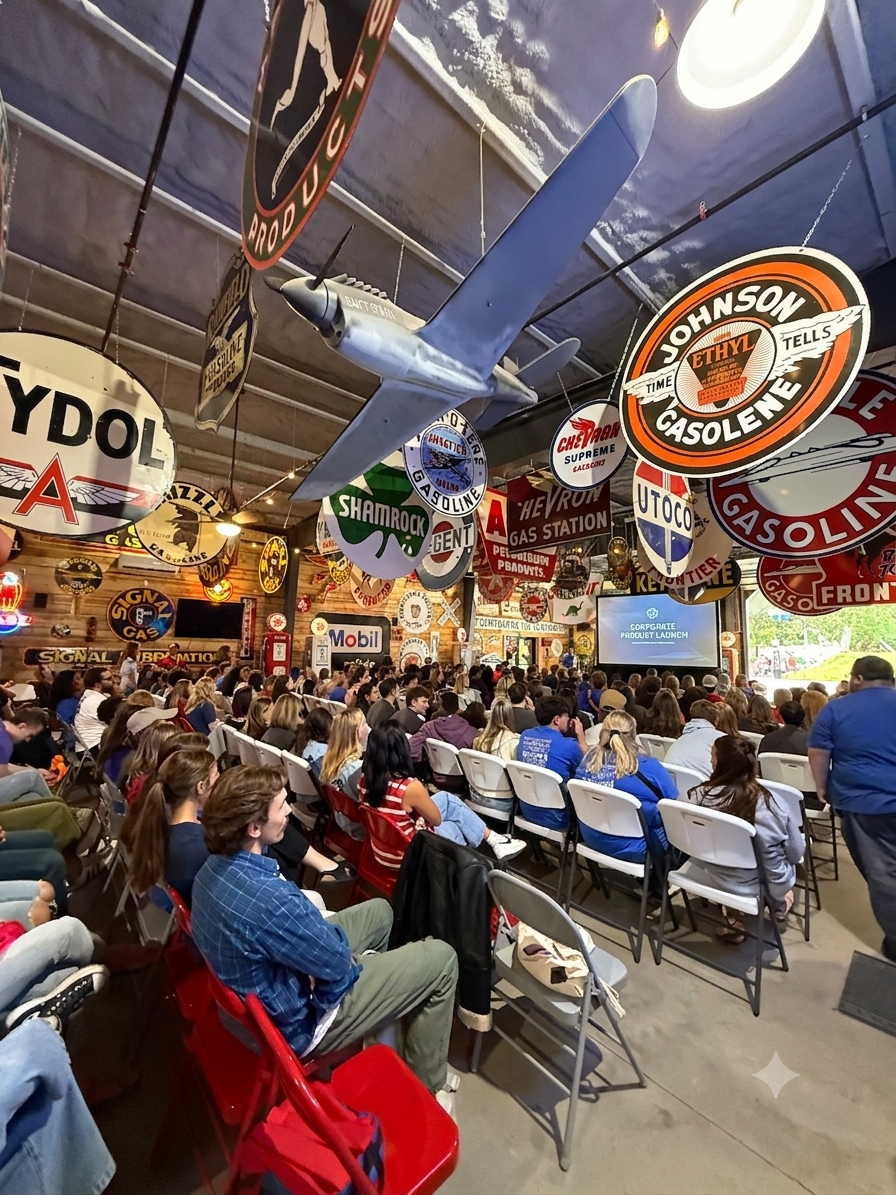 Corporate event venue near BYU set for a product launch with theater seating and a stage