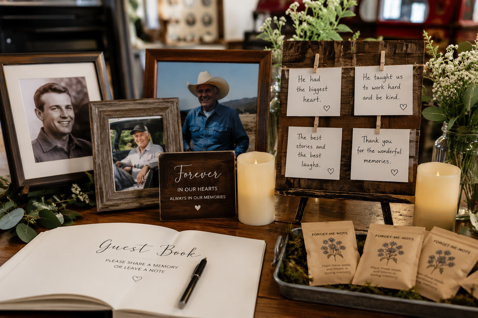 Memory table with framed photographs and a guest book at a celebration of life Provo, Utah