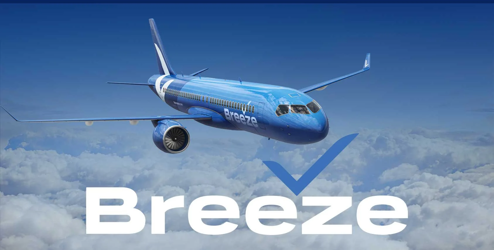 Breeze Airways jet in flight above the clouds, representing one of the major carriers at Provo Airport offering affordable nonstop routes to popular U.S. destinations.