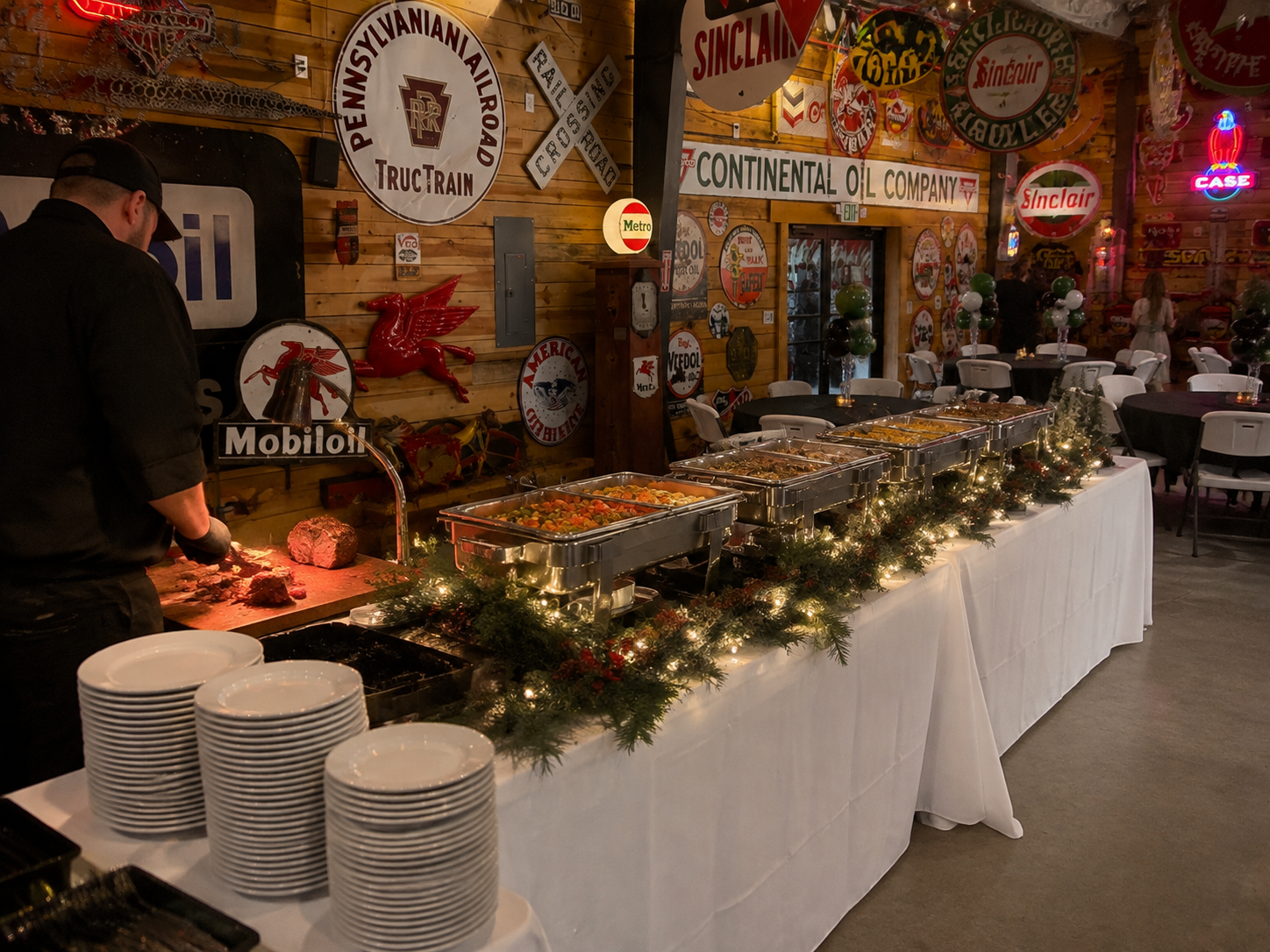 Sparks Museum and Event Center Holiday buffet catering line at a corporate Christmas party in Provo, Utah County