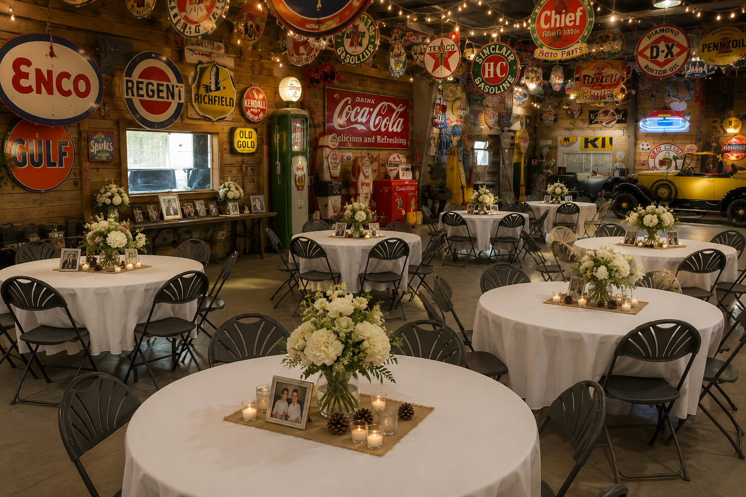 Celebration of life venue in Provo, Utah with round dinner tables and a service area on one open floor