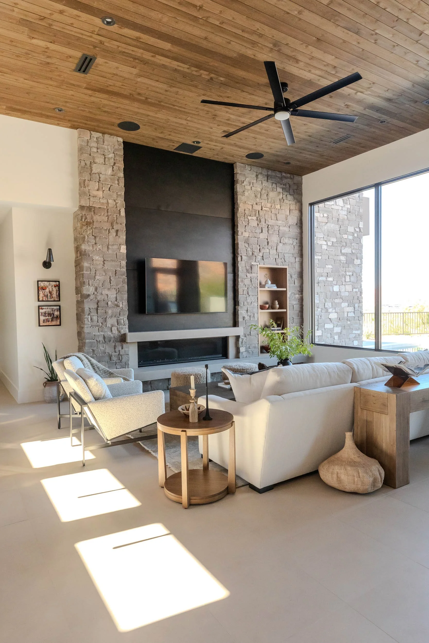 Modern organic living room with warm wood tones and neutral textures