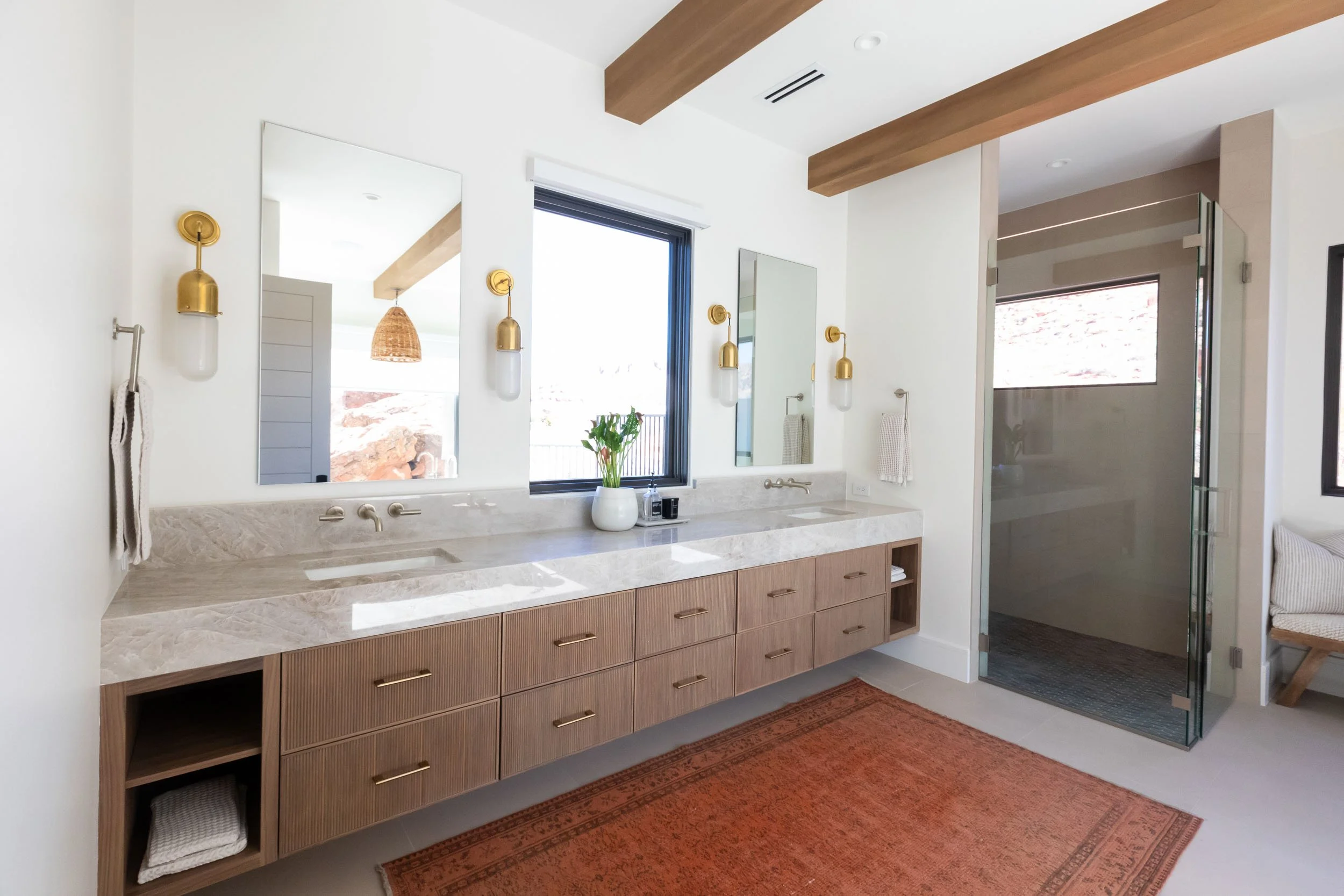 Modern Primary Bathroom White Oak and Beams.jpg