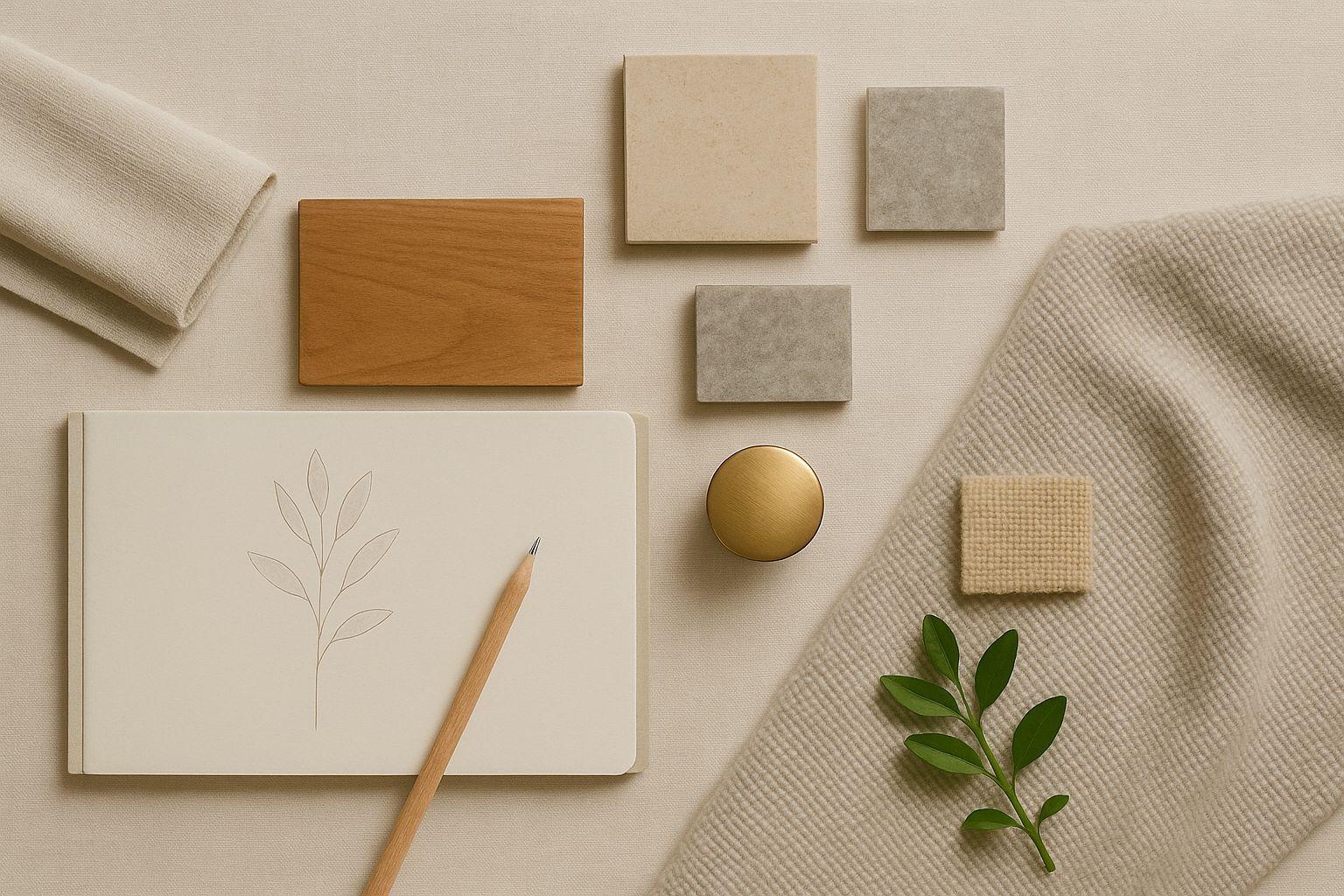 Flat lay of natural interior materials in calming neutral tones.