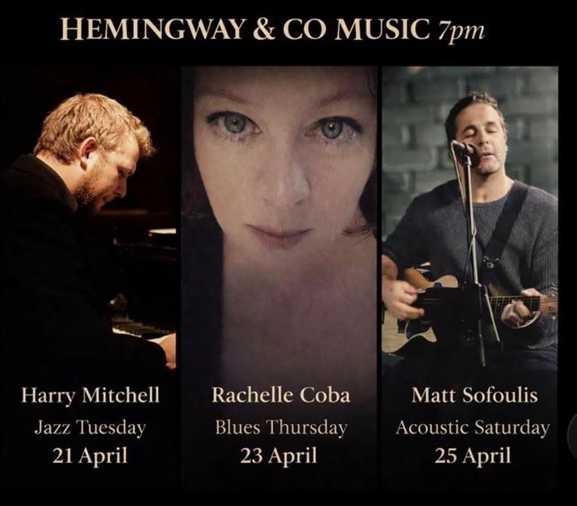 This week at Hemingway &amp; Co. 🎶

We&rsquo;re still recovering (just) from the  energy Nico brought last week&hellip; and honestly, we&rsquo;re not ready to calm down yet.

Tuesday &mdash; Jazz
Harry Mitchell easing us in with the good stuff. Smoo