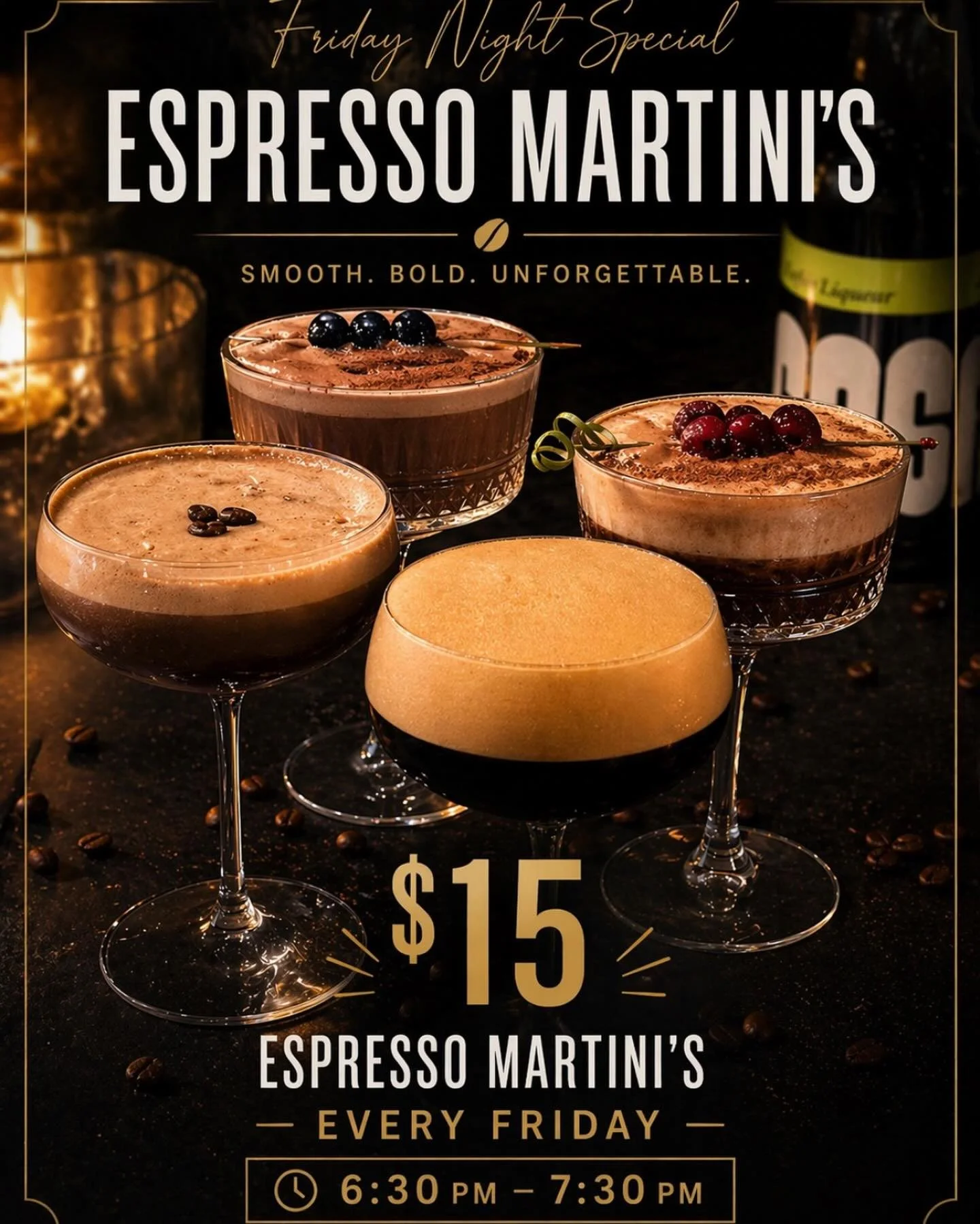 If happy hour wasn&rsquo;t enough&hellip;

How about $15 Espresso Martini&rsquo;s every Friday 🍸

You know how crazy we are for them &mdash; and we know you are too.

Baileys.Original.Raspberry.Brown Sugar.
Just a few little teasers of what we&rsquo