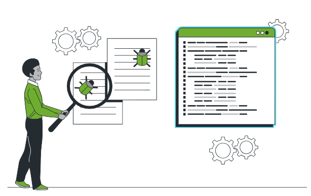 Illustration of a person holding a magnifying glass examining documents with a bug icon, representing software bug tracking or debugging, and a computer screen displaying code.
