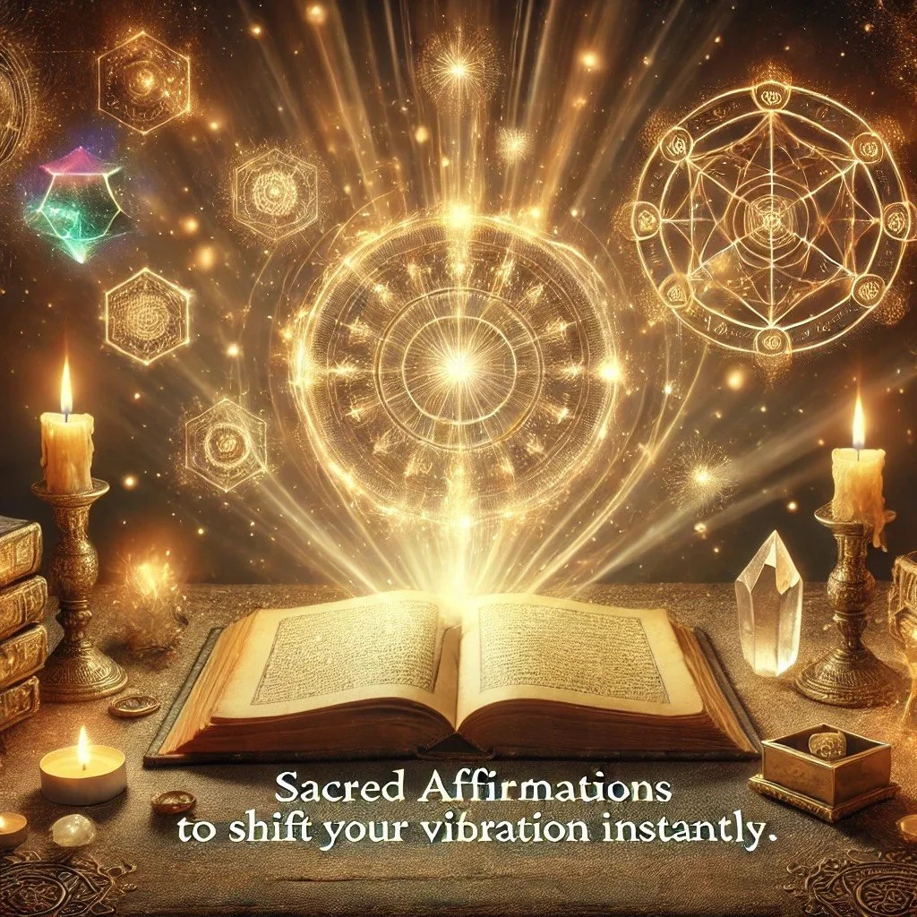 Open mystical book on a table with glowing symbols, candles, and crystals; text reads 'Sacred Affirmations to shift your vibration instantly.'
