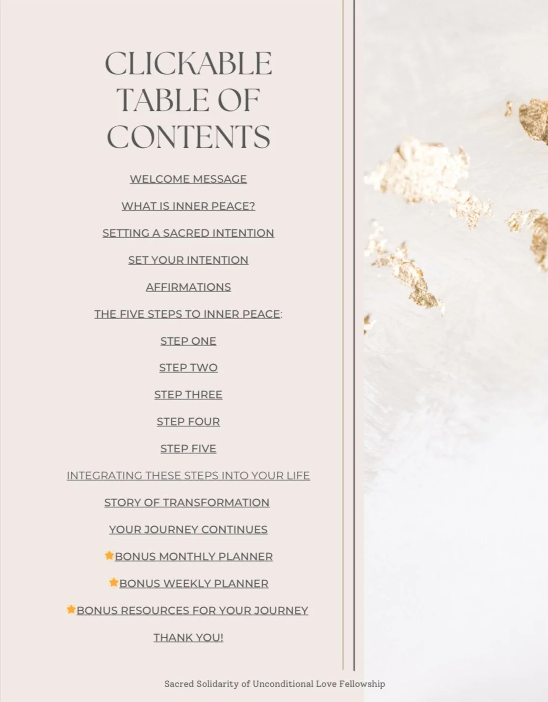 Clickable table of contents for a personal development program, with sections on inner peace, setting intentions, affirmations, and additional resources.