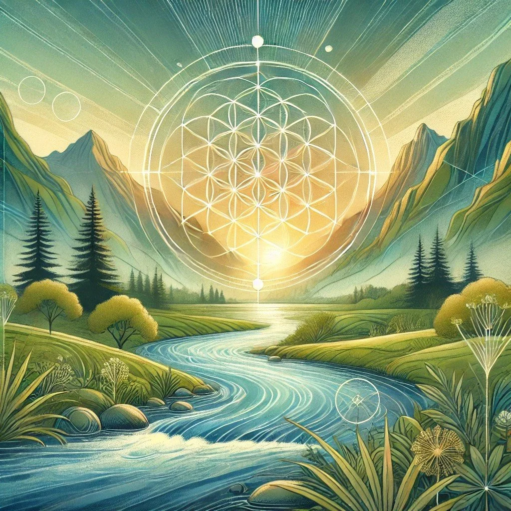 Abstract illustration of a mountain landscape with a river, trees, and greenery, featuring a geometric pattern hovering over a glowing sunset.