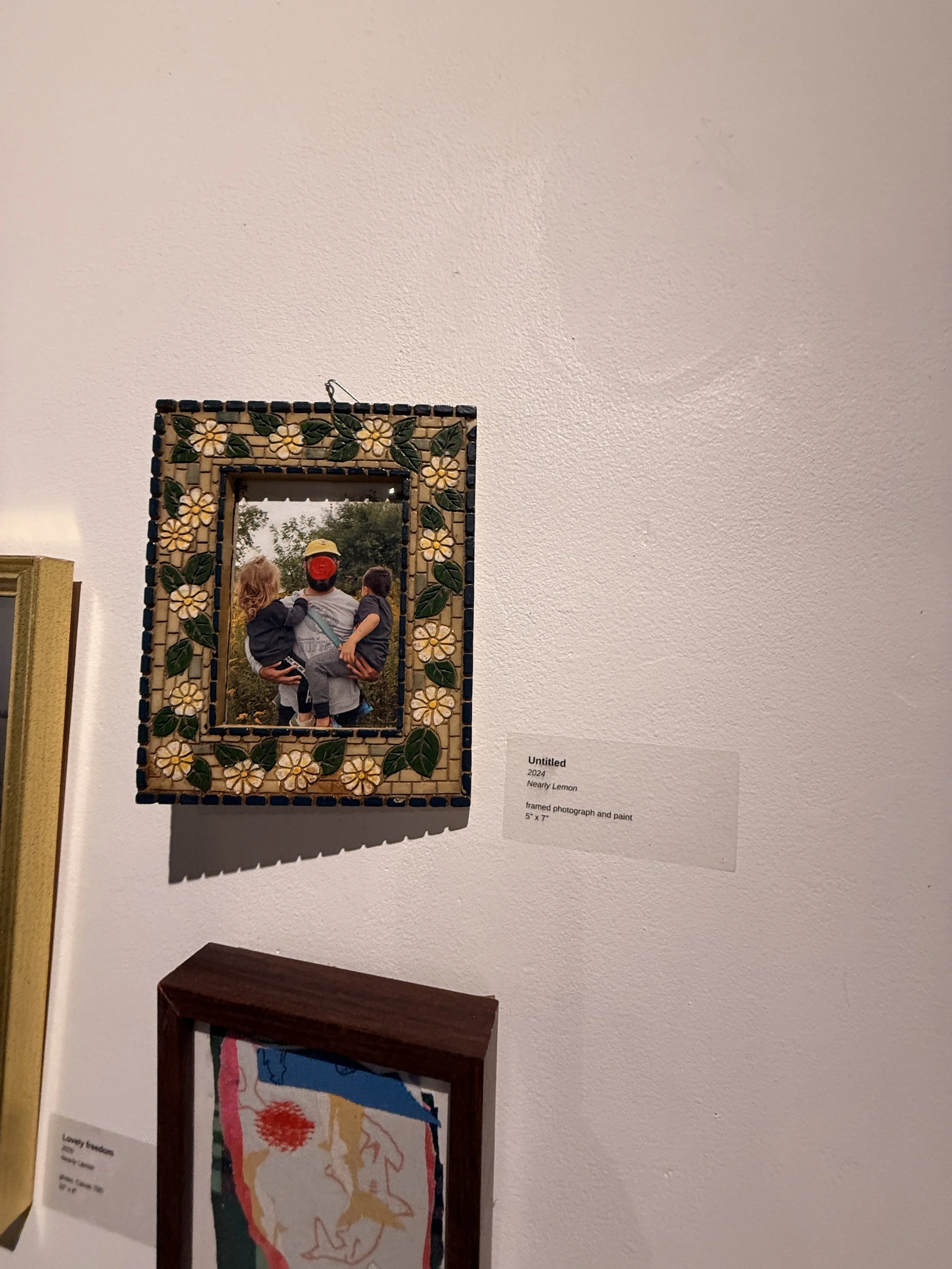 Untitled 
2026
Nearly Lemon

Photograph giclée print and acrylic paint in flower mosaic frame
4x6" 