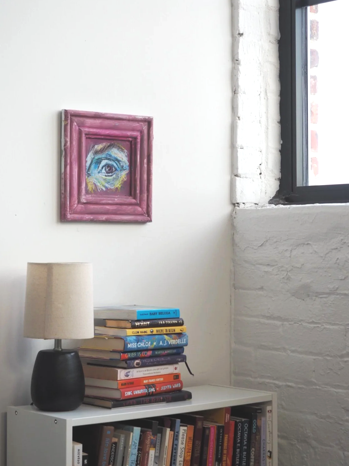 Observation, 2025, acylic, oil pastel on found canvas and frame