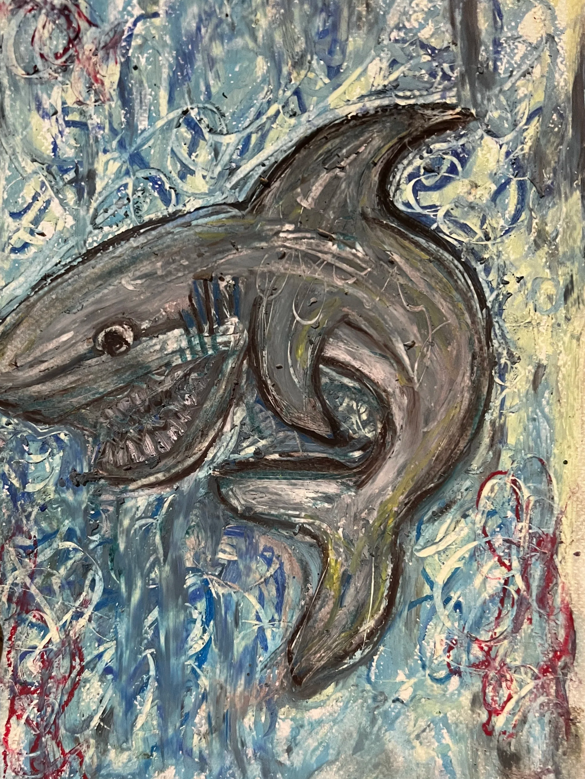 great white shark, oil pastel on paper