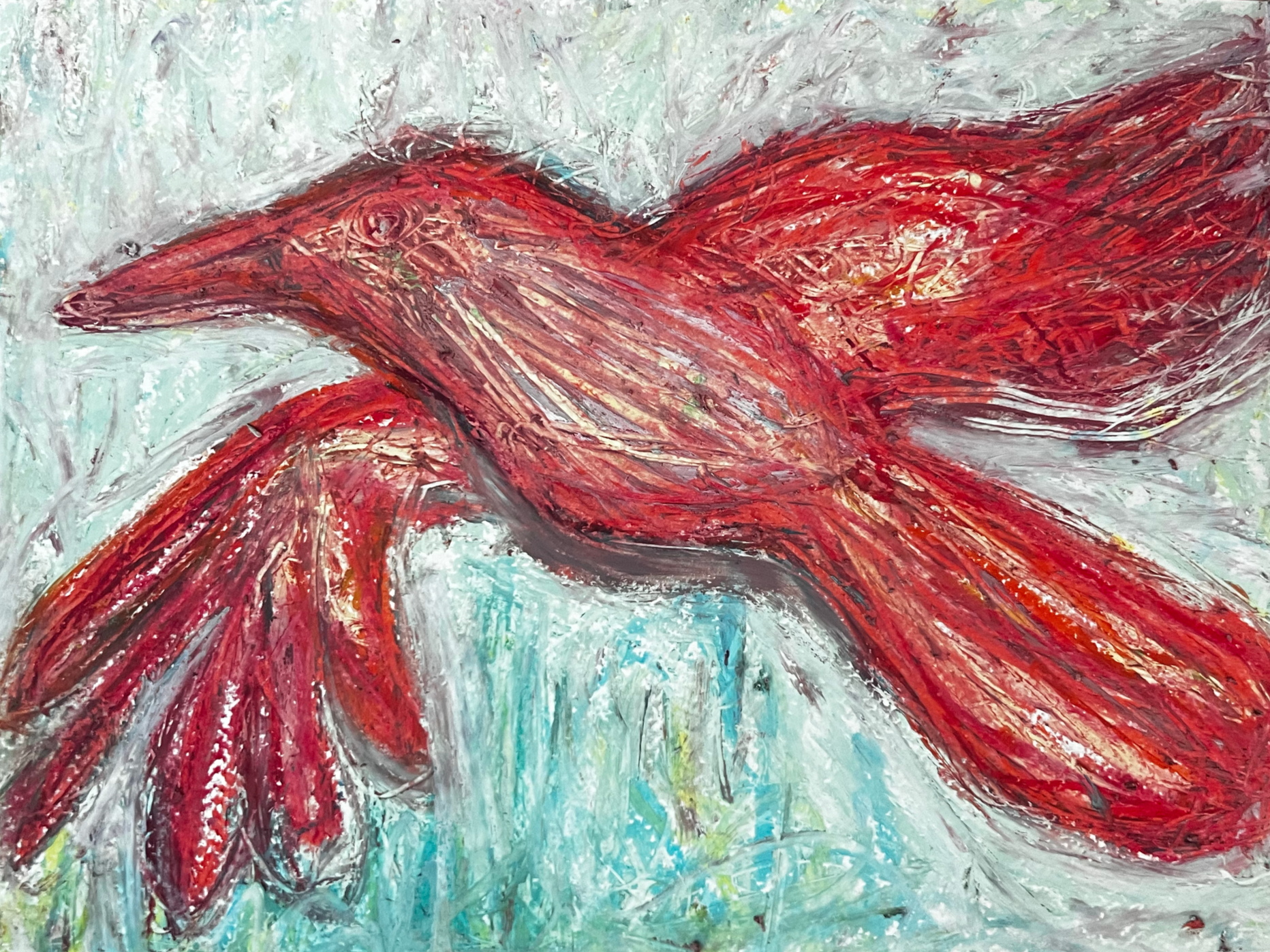 cardinal, oil pastel on paper