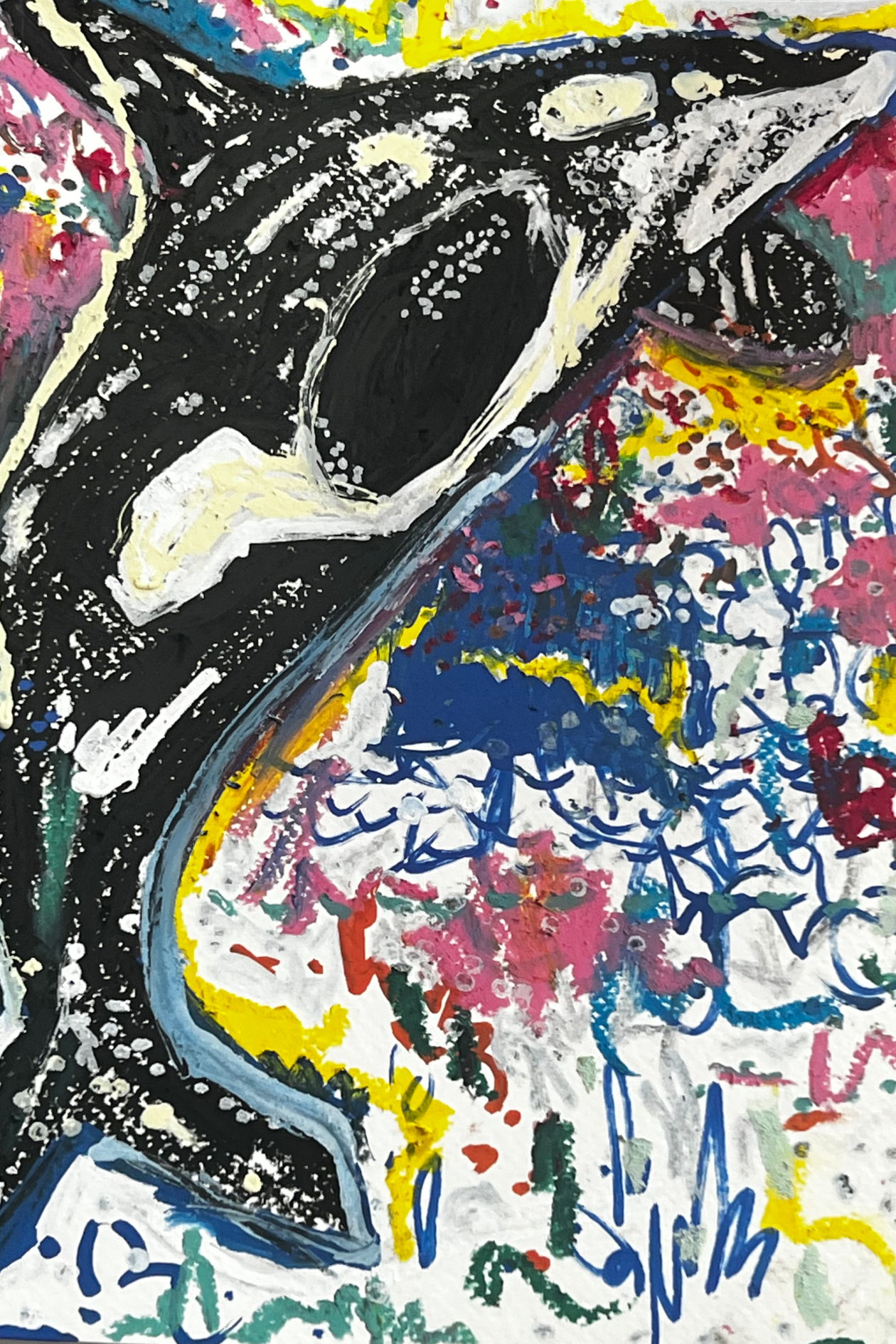 orca, oil pastel and acrylic paint on paper