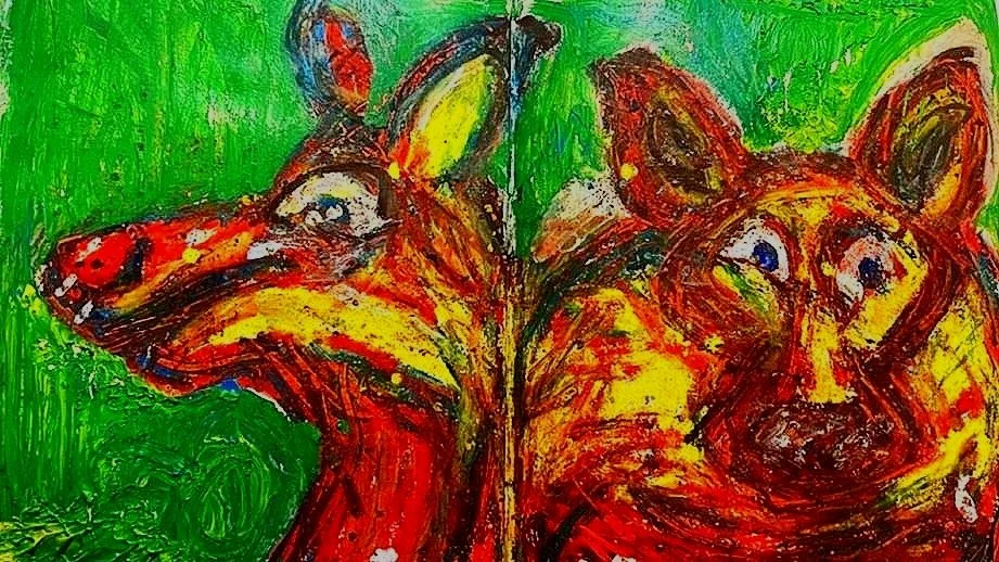 fox and kangaroo, 2025, acrylic and oil pastel on paper