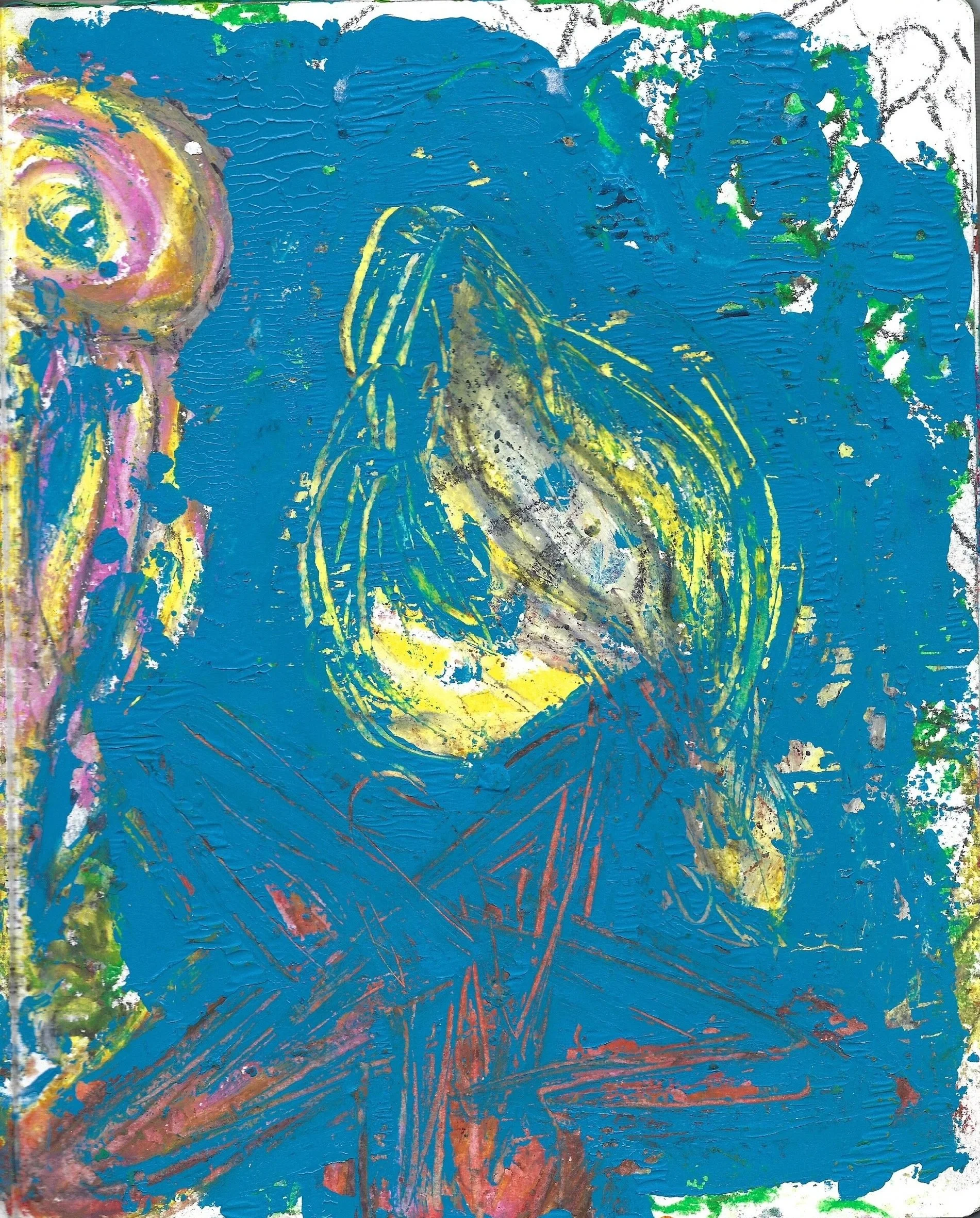 jellyfish, 2025, conch, and starfish, acrylic paint, oil pastel on paper 