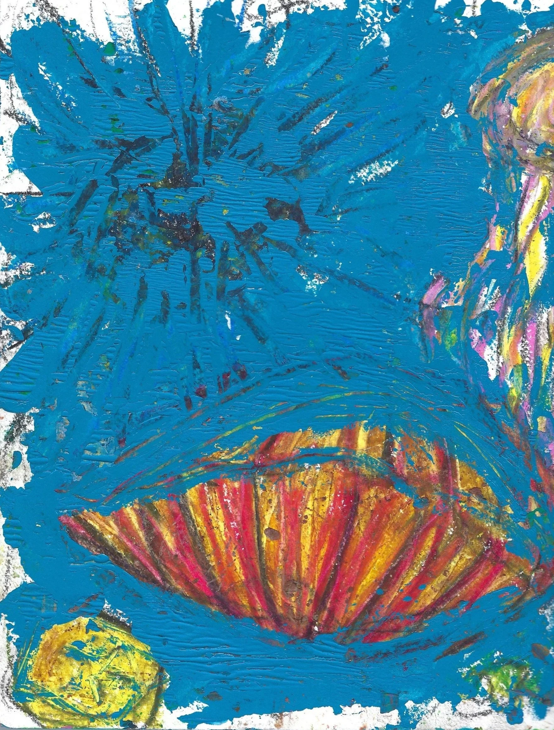 sea urchin, 2025, giant clam, jellyfish, acrylic paint, oil pastel on paper