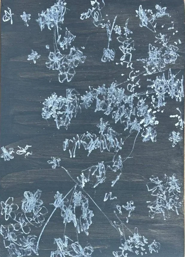 Forget-me-nots, 2026, black and white gouache on wood panel