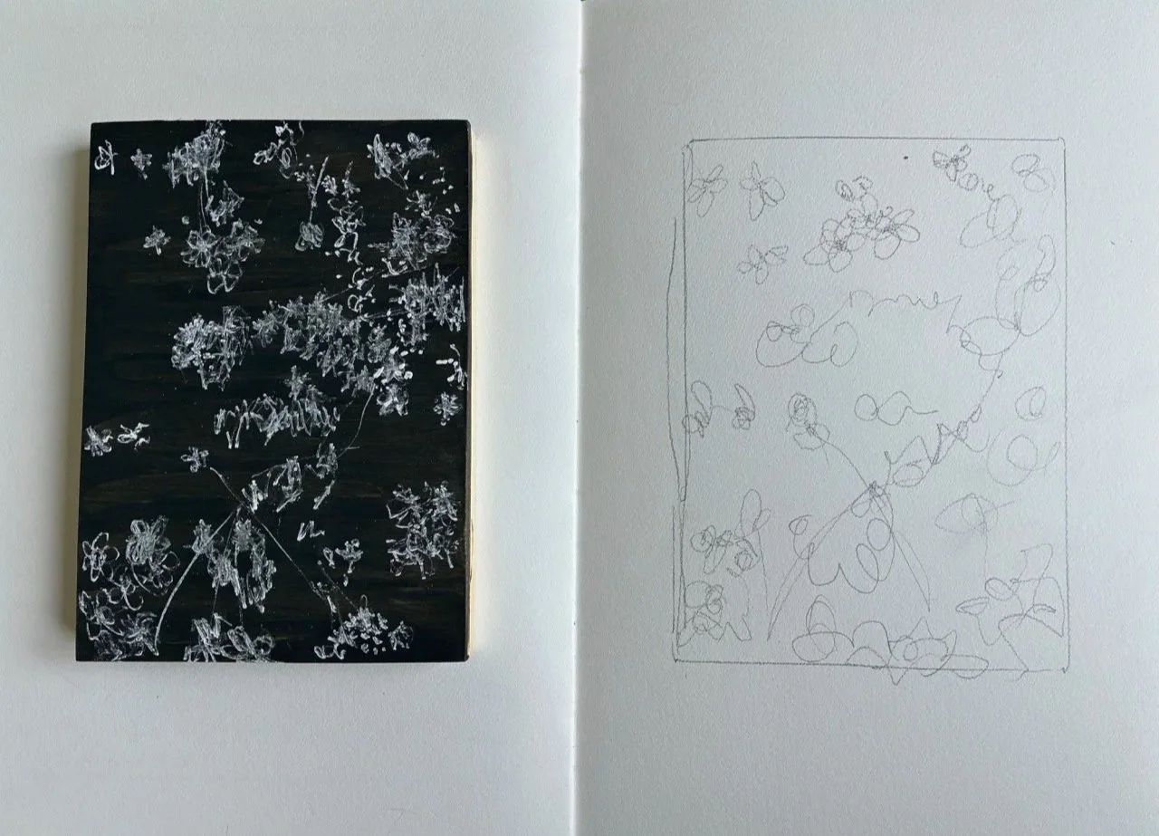  Forget-me-nots, 2026, black and white gouache on wood panel and pencil on paper