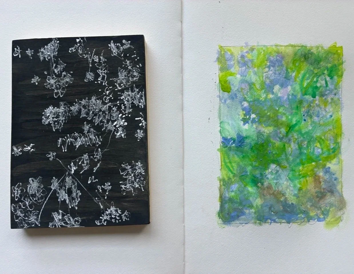  Forget-me-nots, 2026, black and white gouache on wood panel and pencil on paper