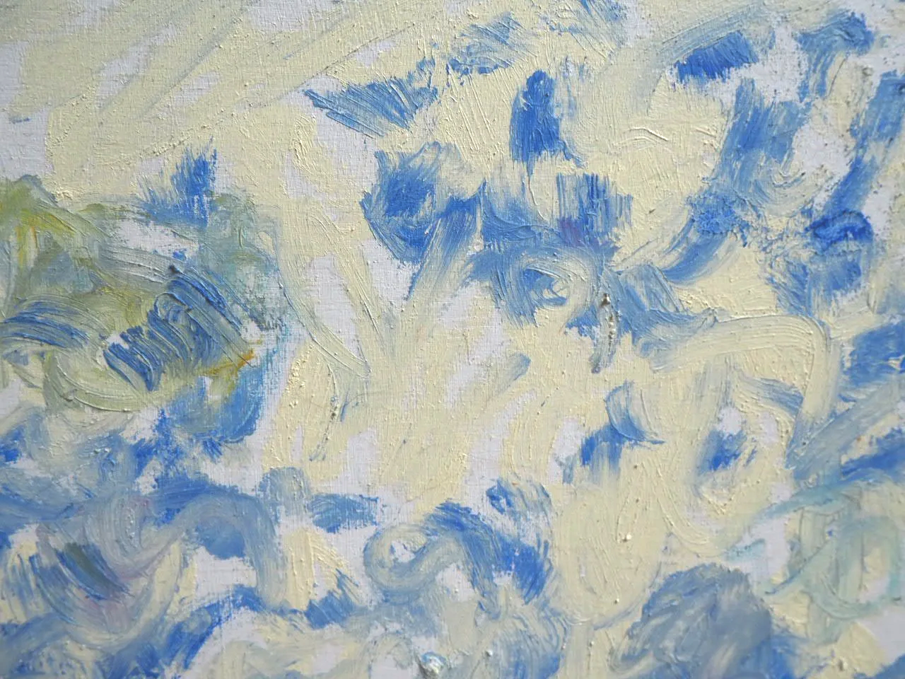 Forget-me-nots, close up, Nearly Lemon, 2026, oil stick on wood panel, 9 x 12 x .75"