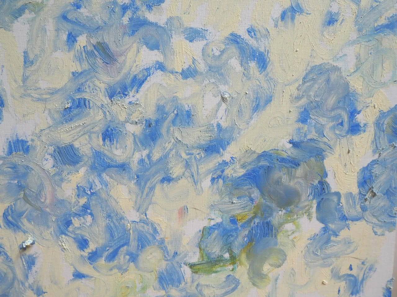 Forget-me-nots, close up, Nearly Lemon, 2026, oil stick on wood panel, 9 x 12 x .75"