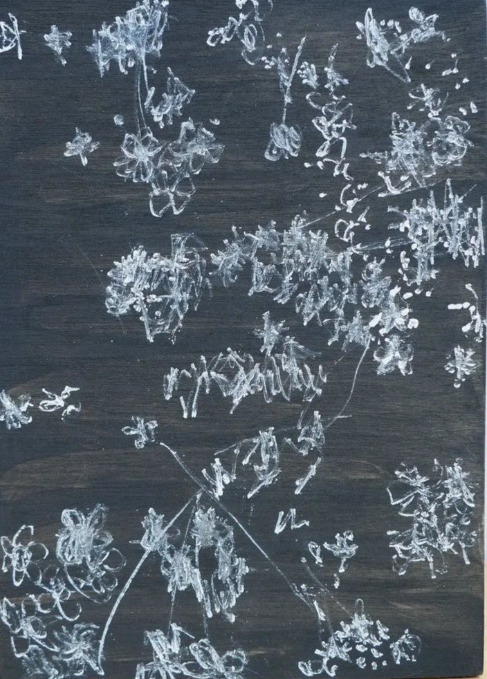Forget-me-nots, 2026, Nearly Lemon, black and white gouache on wood panel, 5 x 7 x .75"