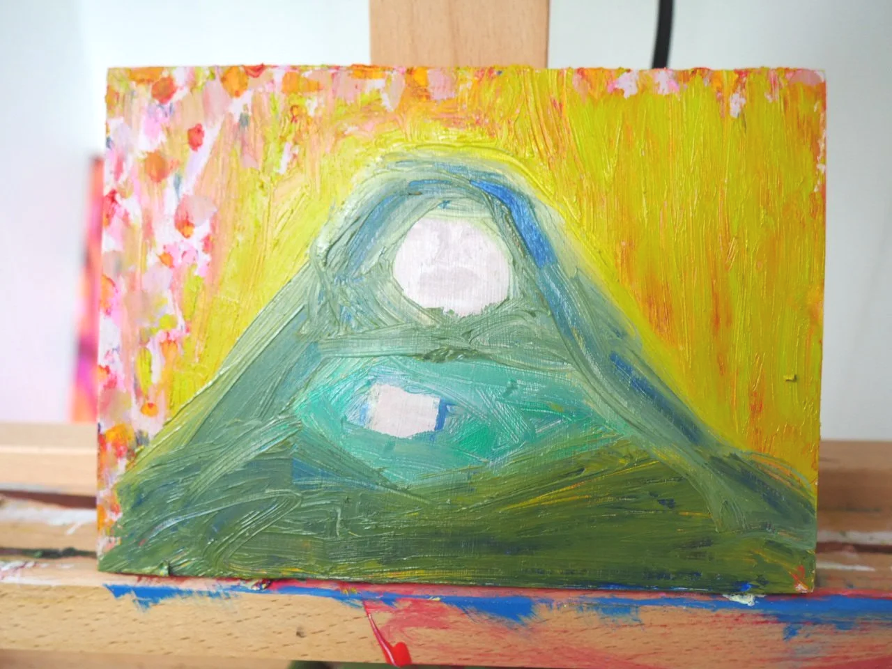 Not in any way, close up, 2026, Nearly Lemon, Oil sitck on wood panel