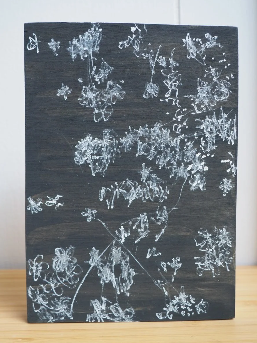 Forget-me-nots, 2026, Nearly Lemon, black and white gouache on wood panel, 5 x 7 x .75"