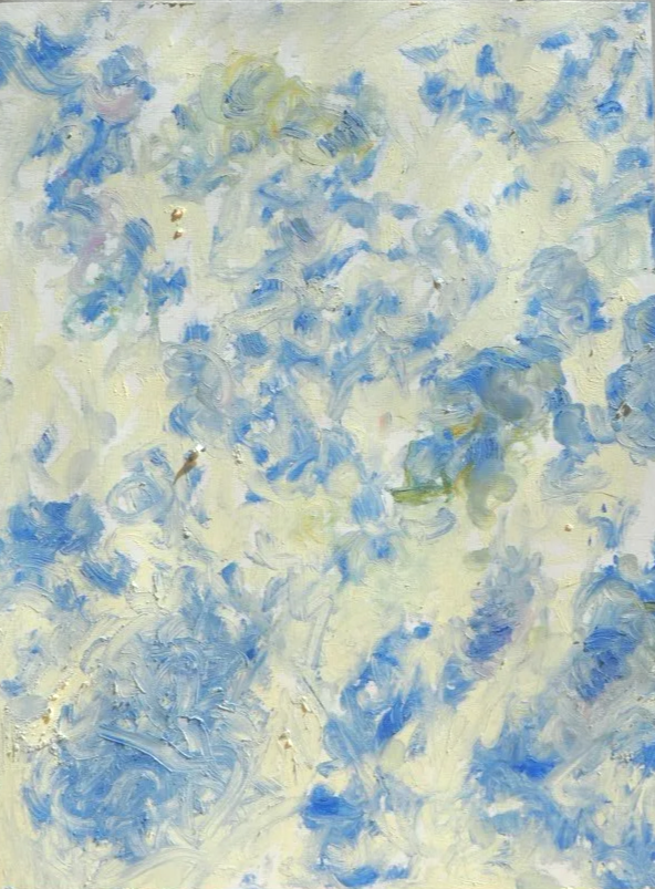 Forget-me-nots, 2026, Nearly Lemon, oil stick on wood panel, 9 x 12 x .75"