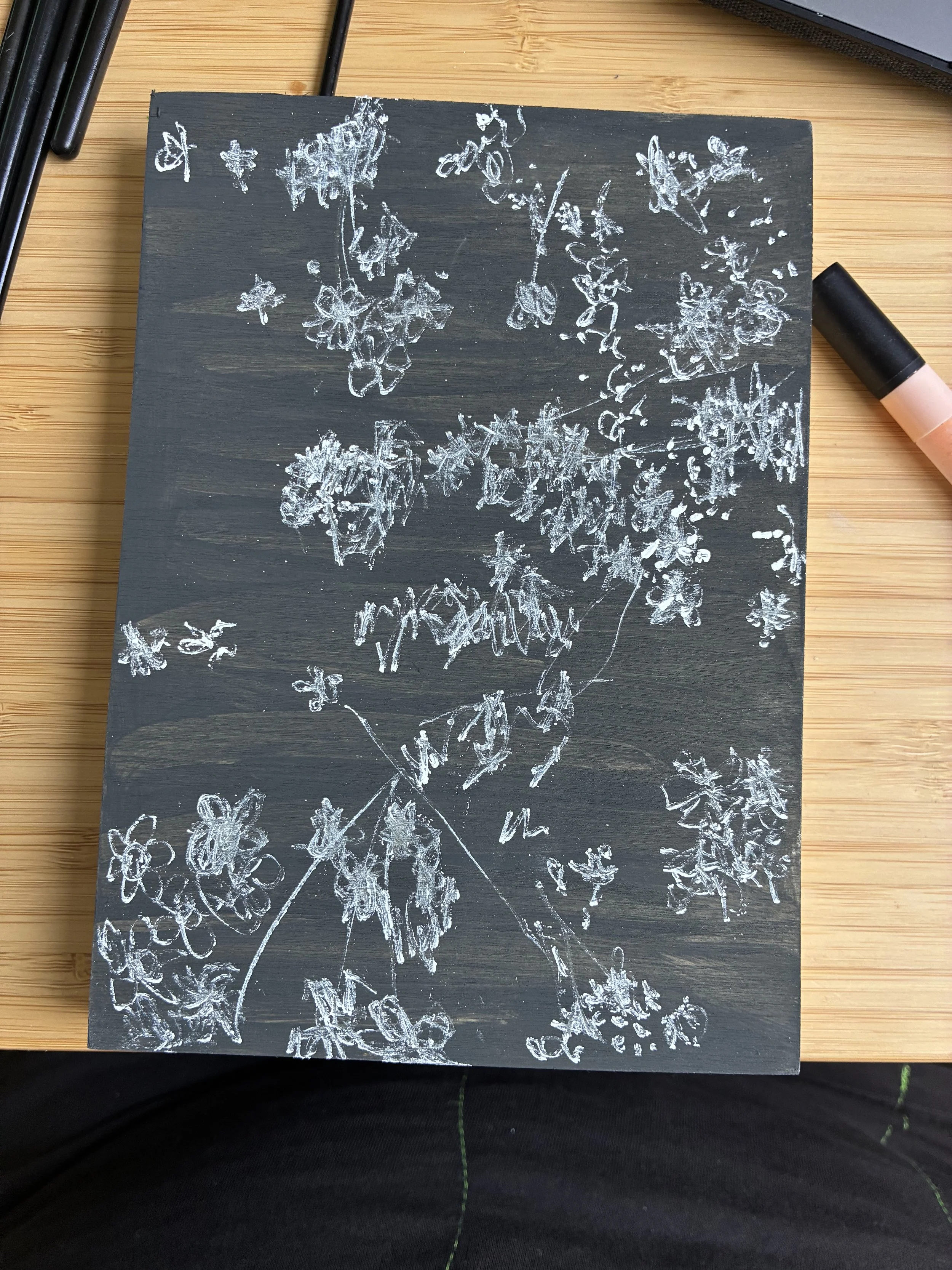  Forget-me-nots, 2026, black and white gouache on wood panel 