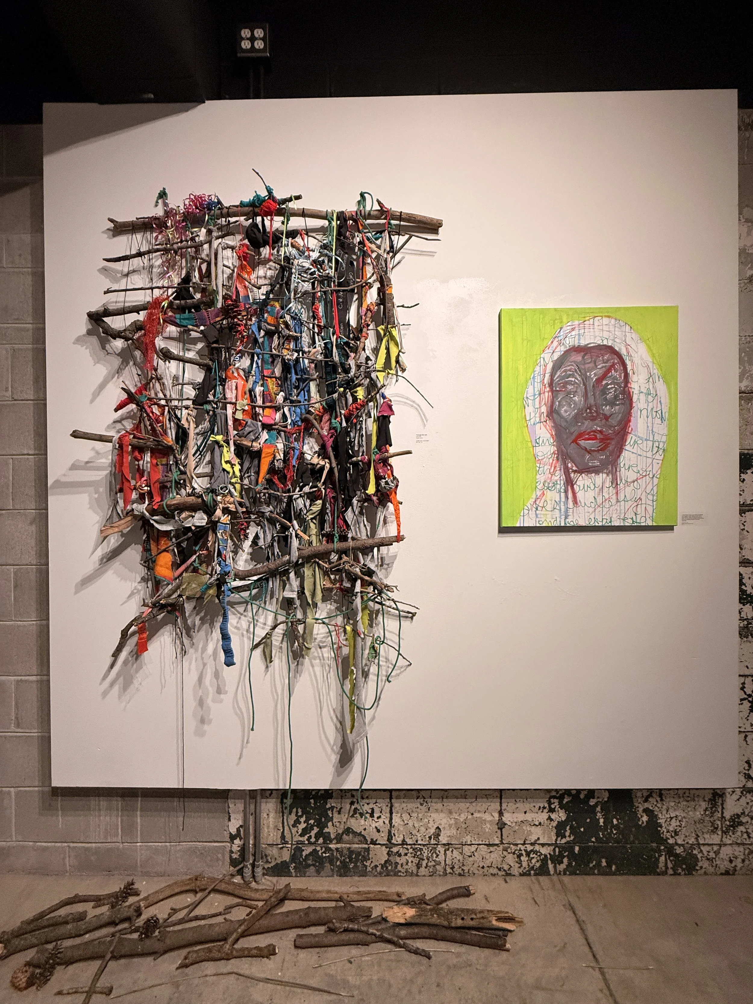 Installation Image I
Second and third section

Through the root
2024-2025
Nearly Lemon

familial “quilt”, found object, recycled fabric, and single use plastic, cotton rope
90" x 51" x 9"

&

Lovely
2026
gouache, acrylic on stretched canvas
24" x 30"