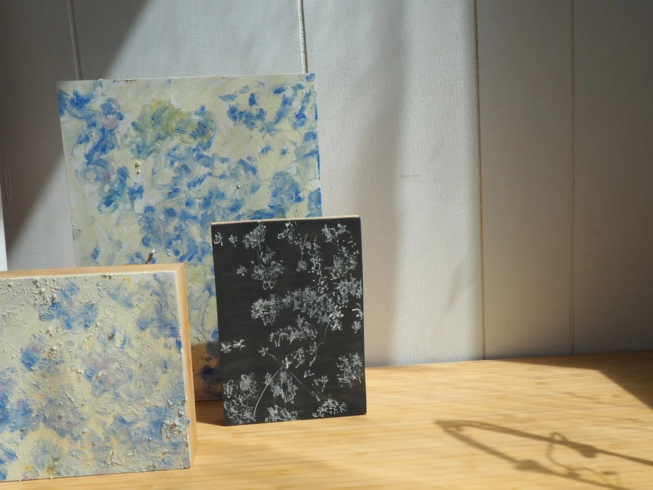 Trio wood panel Forget-me-nots, 2026, Nearly Lemon, oil stick on wood panel