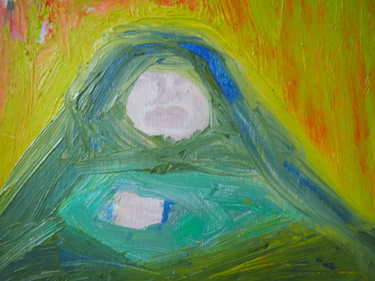 Not in any way, close up, 2026, Nearly Lemon, oil on wood panel, 7 x 5 x .75"