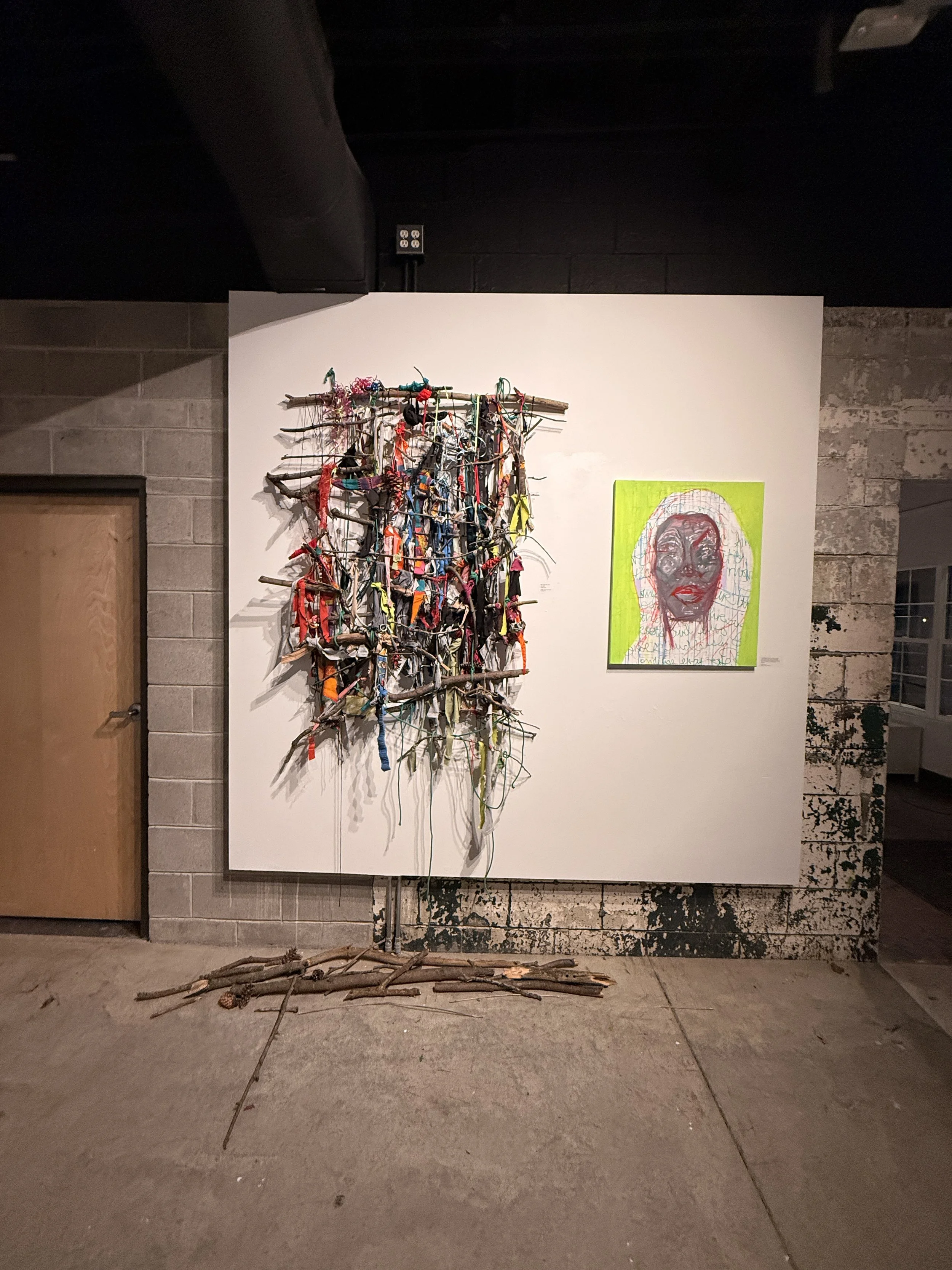 Installation Image III
Through the root
2024-2025
Nearly Lemon

familial “quilt”, found object, recycled fabric, and single use plastic, cotton rope
90" x 51" x 9"

&


Lovely
Nearly Lemon
2026
gouache, acrylic on stretched canvas
24" x 30"