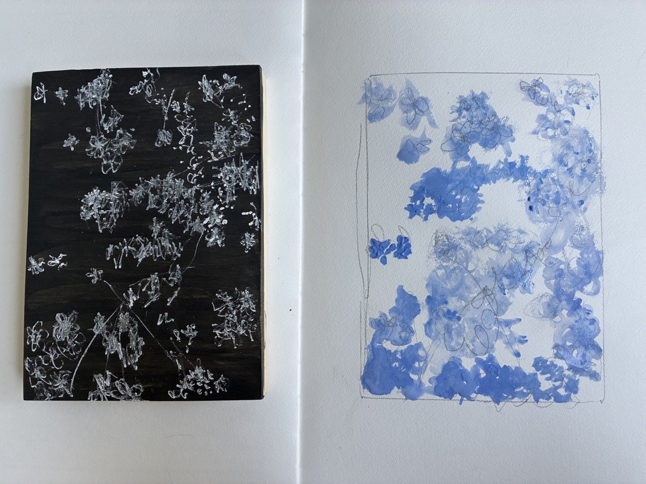  Forget-me-nots, 2026, black and white gouacheon wood panel and pencil on paper