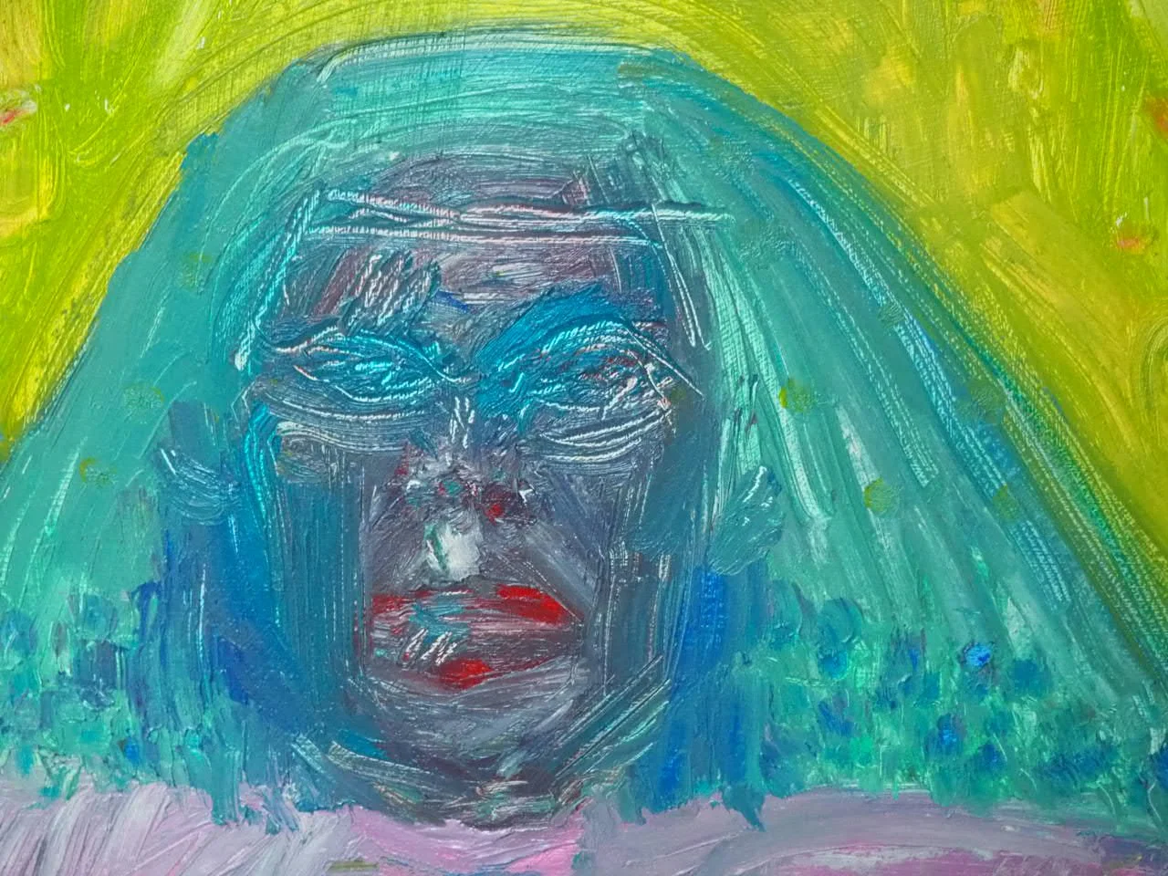 Closest I'll get, close up, 2026, Nearly Lemon oil on gessoed board, 14 x 11"
