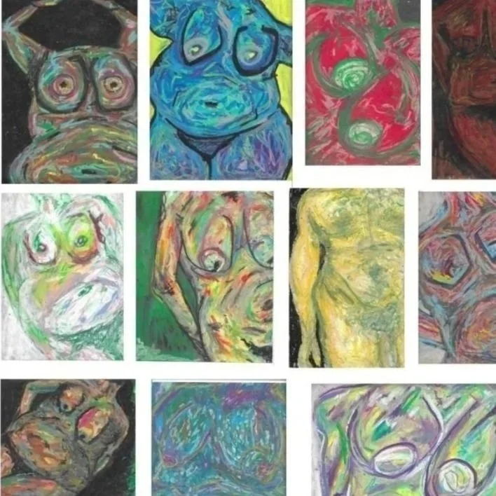 Collection of 12 colorful abstract paintings of female nude figures, featuring expressive brushstrokes and vibrant hues.