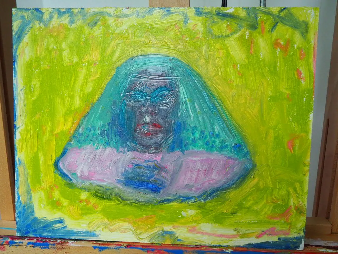Process photo, Closest I'll get, I give up. 2026, Nearly Lemon, oil on gessoed board, 14 x 11 inches